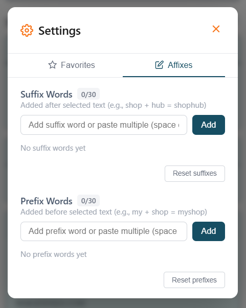 Affixes settings in DomainToolBelt